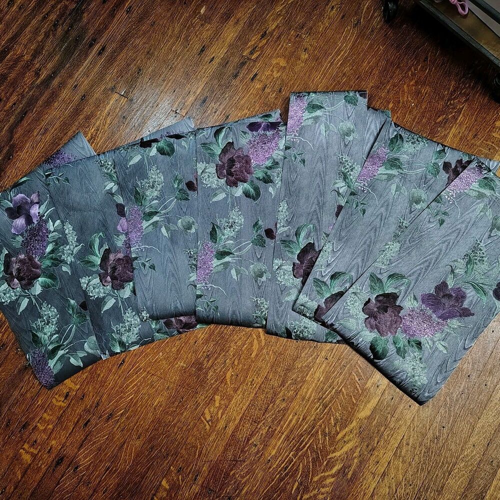 VTG Grey Blue Woodgrain Purple Floral Wallpaper Cuts Junk Journal Scrapbook